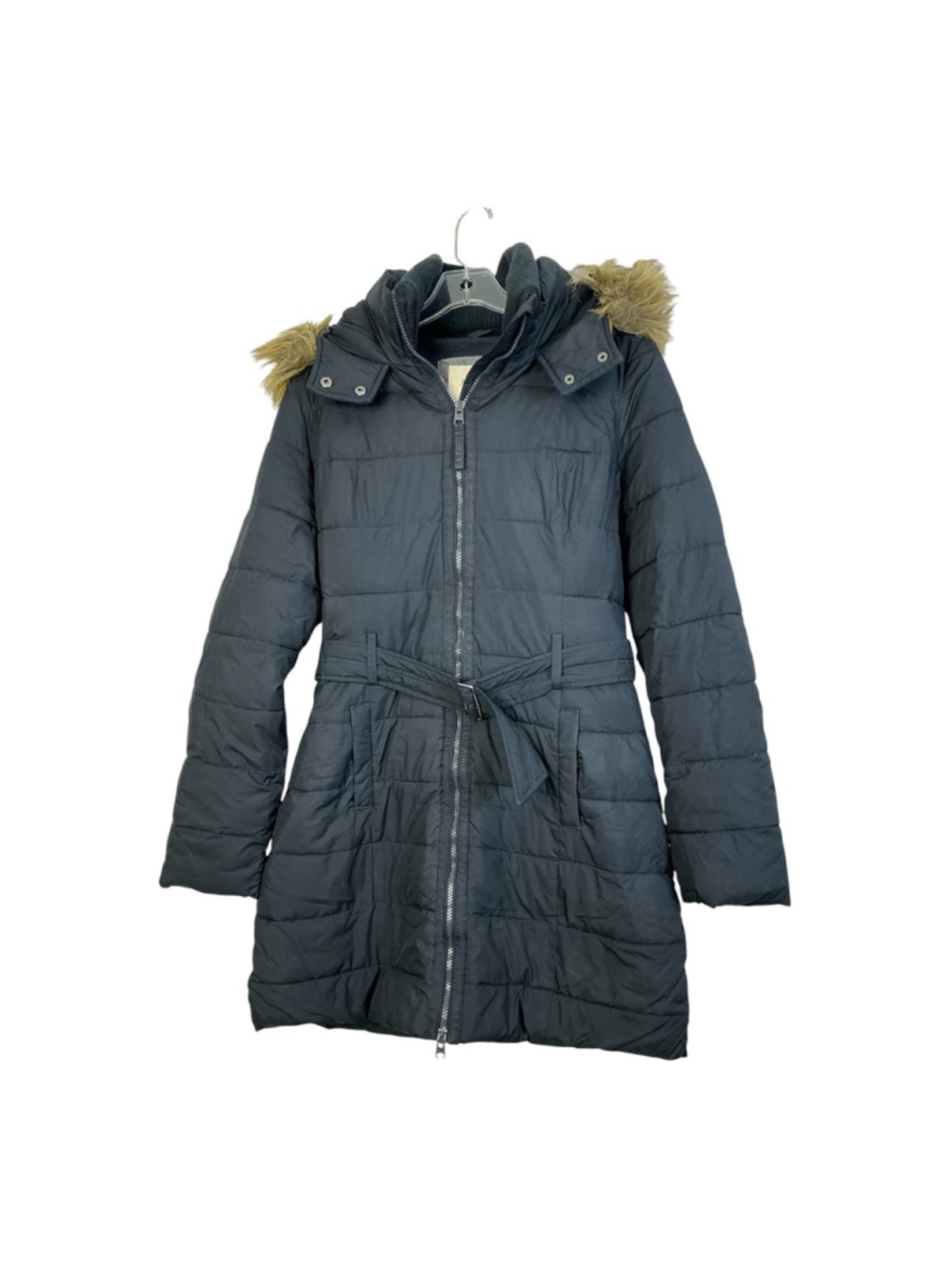 Abercrombie & Fitch Women Black Puffer Jacket Coat Size L Belted Faux Fur Hood